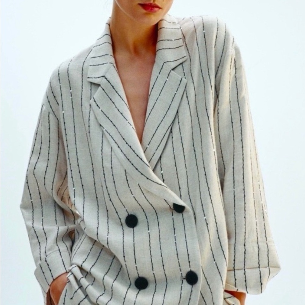 Zara Linen Sequin Pinstripe Double Breasted Blazer Light Beige - Medium